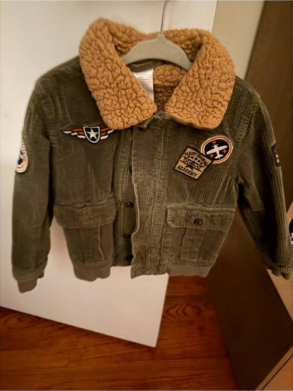 Gymboree Olive Green Corduroy Jacket with Tan Sherpa Collar and Patches